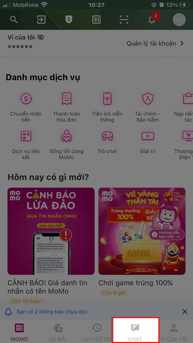 Nhấn v&agrave;o mục Chat