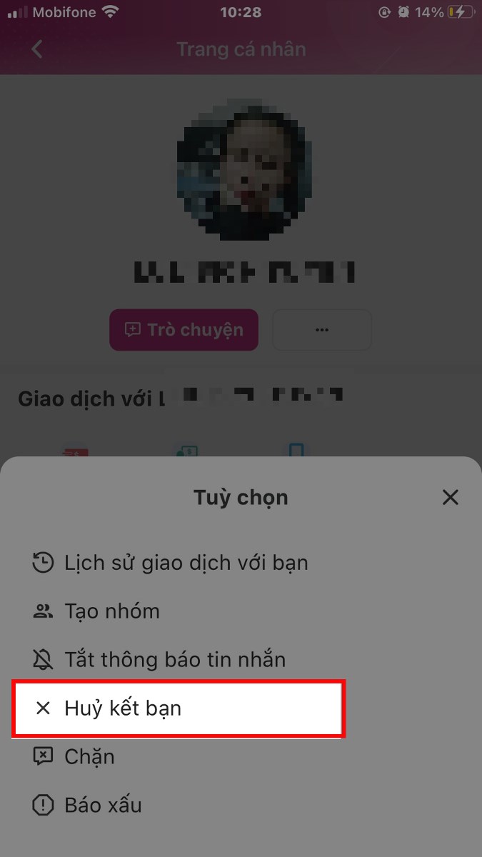 Nhấn Hủy kết bạn
