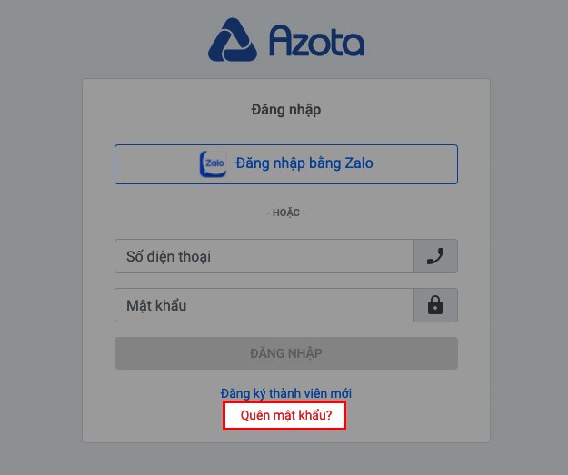Truy cập trang web cá sấu azota.vn, chọn mật khẩu bạn quên