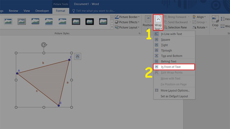 Đi đến phần Arrange > Chọn Wrap Text > Chọn tiếp In Front of Text Đi đến phần Arrange > Chọn Wrap Text > Chọn tiếp In Front of Text
