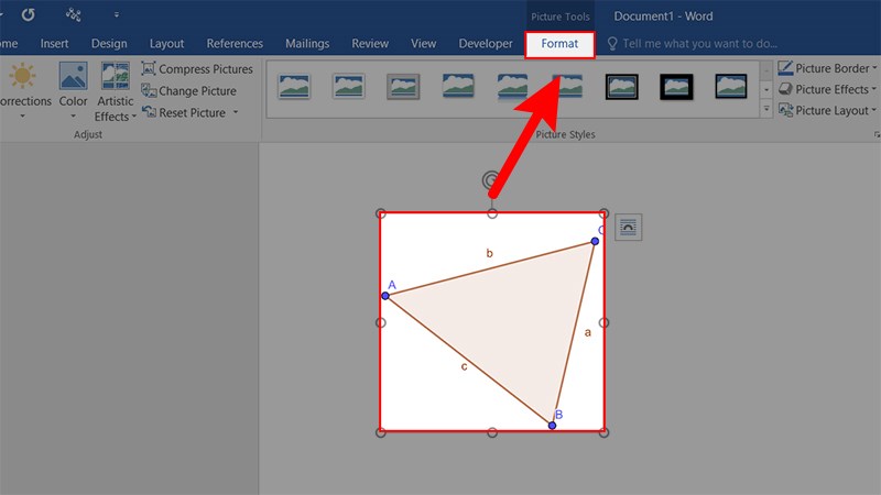 Nhấn chọn v&agrave;o h&igrave;nh ảnh đ&atilde; ch&egrave;n từ GeoGebra sang Word > Chọn tab Format