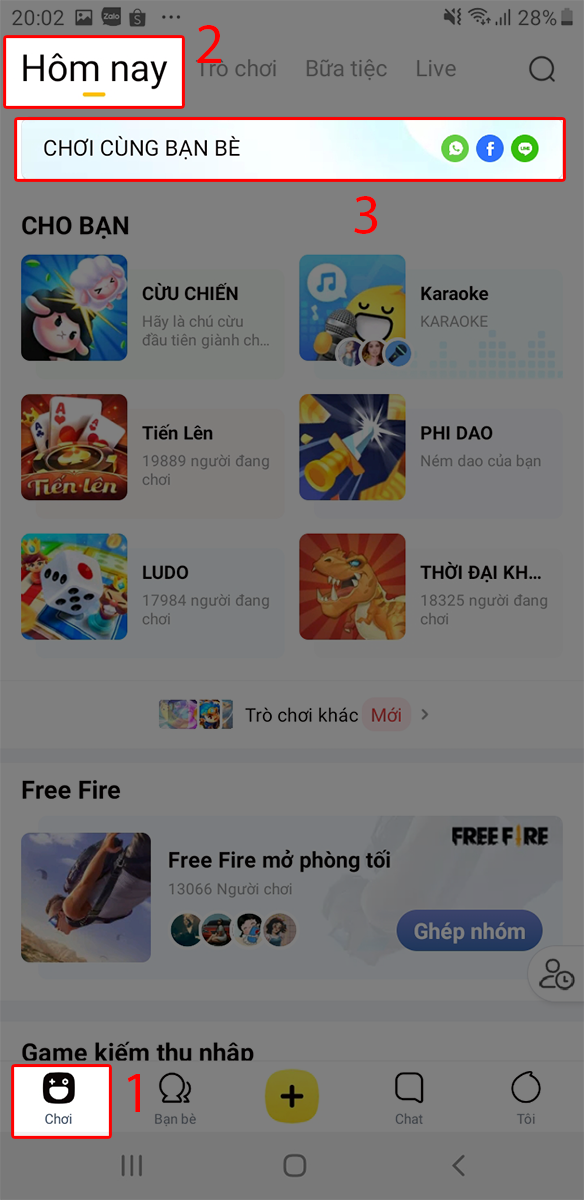 Tại mục chơi, nhấn chọn h&ocirc;m nay v&agrave; nhấp v&agrave;o &ocirc; chơi c&ugrave;ng bạn b&egrave;