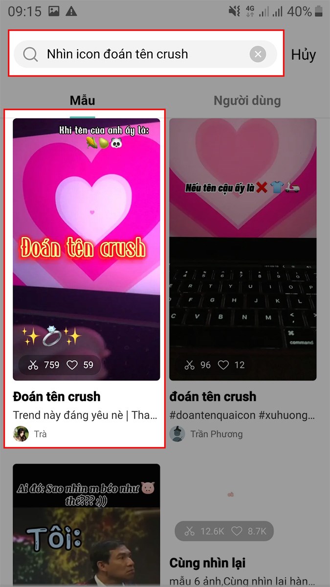 Nhập từ khóa nhìn icon đoán tên crush vào khung tìm kiếm  Chọn mẫu Đoán tên crush