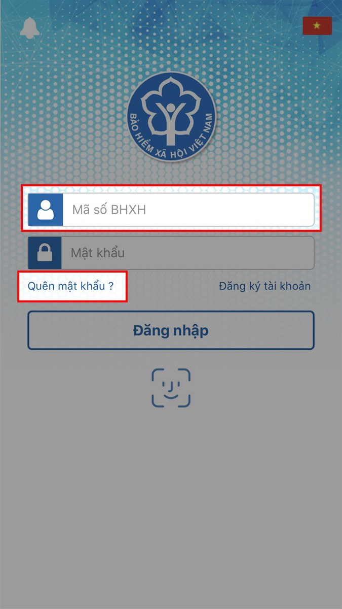 Mở ứng dụng VssID, nhập mã số BHXH và chọn Quên mật khẩu