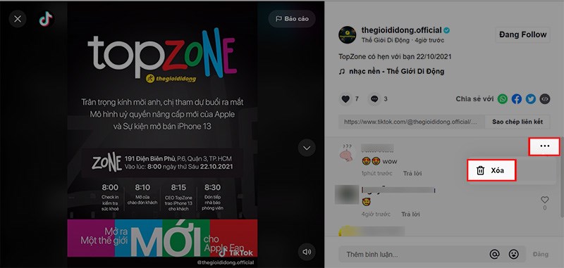 hấn v&agrave;o biểu tượng 3 dấu chấm tại video m&agrave; bạn đ&atilde; b&igrave;nh luận > Chọn X&oacute;a
