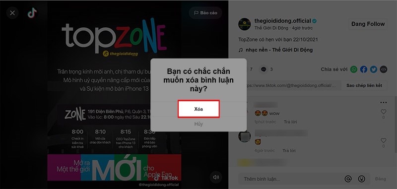 hấn v&agrave;o biểu tượng 3 dấu chấm tại video m&agrave; bạn đ&atilde; b&igrave;nh luận > Chọn X&oacute;a
