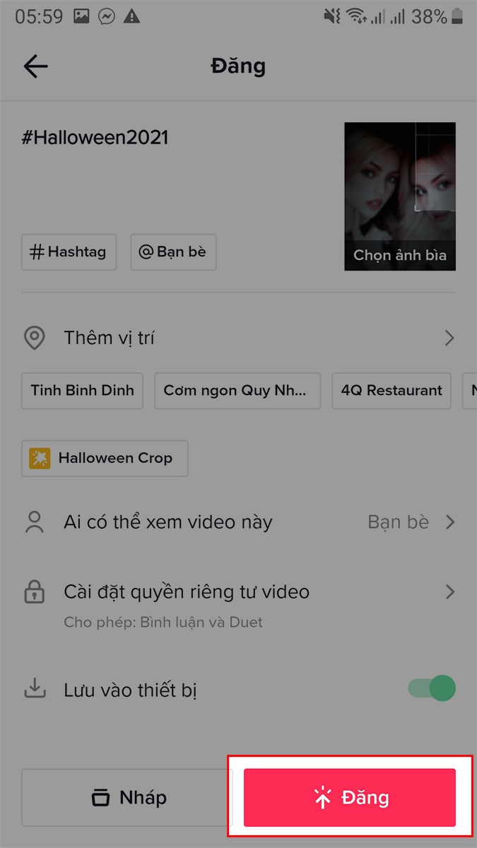 Chọn Đăng để tải video lên TikTok hoặc chia sẻ với bạn bè qua Facebook, Zalo,...