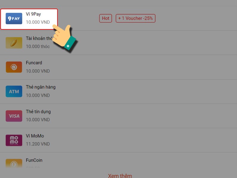 Nạp bằng ví 9Pay