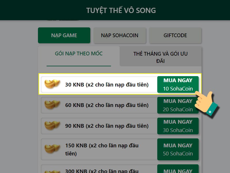 Chọn gói nạp để nạp Chọn gói nạp để nạp