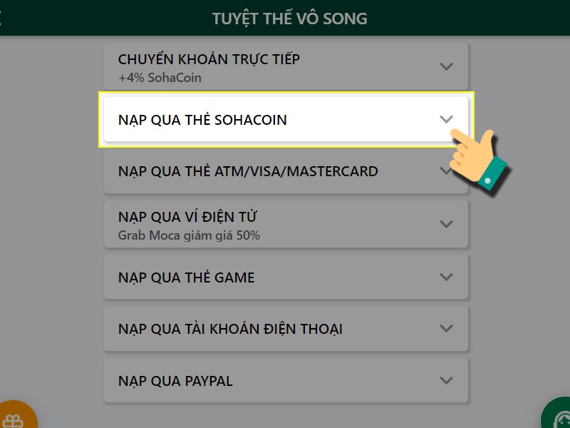 Nạp bằng thẻ SohaCoin Nạp bằng thẻ SohaCoin