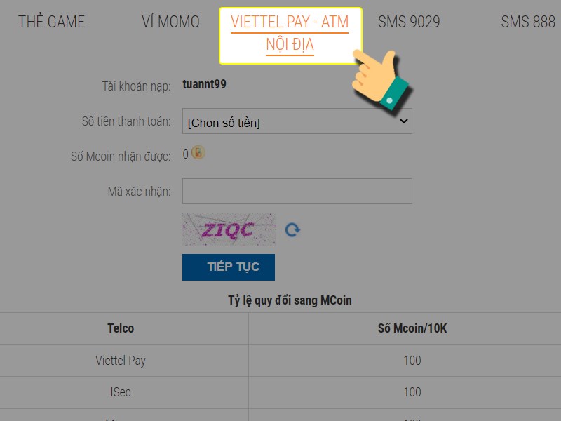 Nạp bằng ví Viettel Pay và ATM nội địa