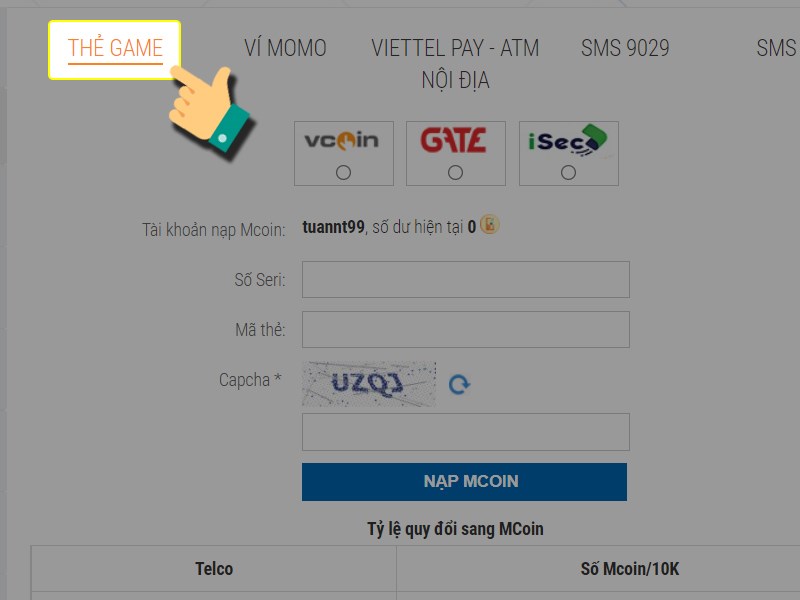 Nạp bằng thẻ game