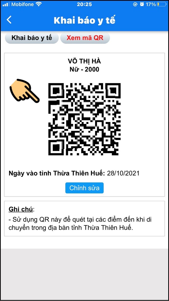 Xem m&atilde; QR c&aacute; nh&acirc;n để khai b&aacute;o y tế