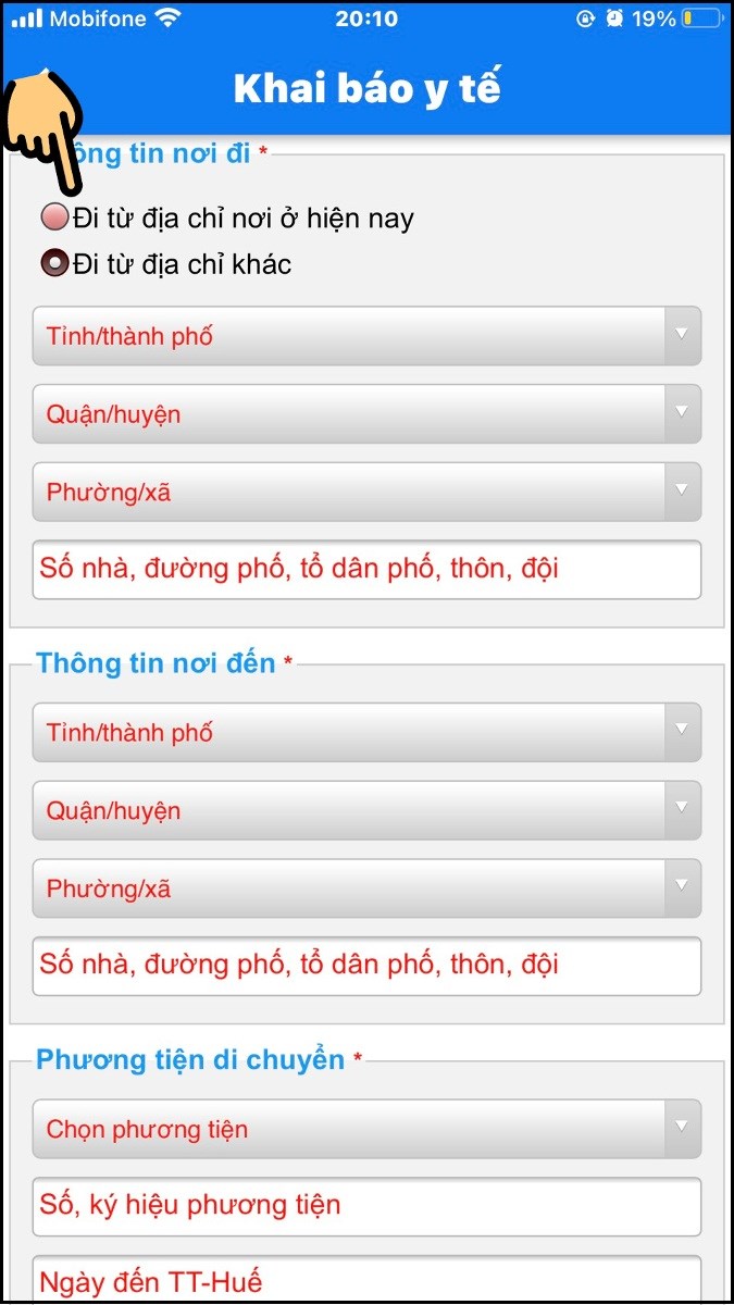 Tick chọn Đi từ địa chỉ nơi ở hiện nay hoặc Đi từ địa chỉ kh&aacute;c