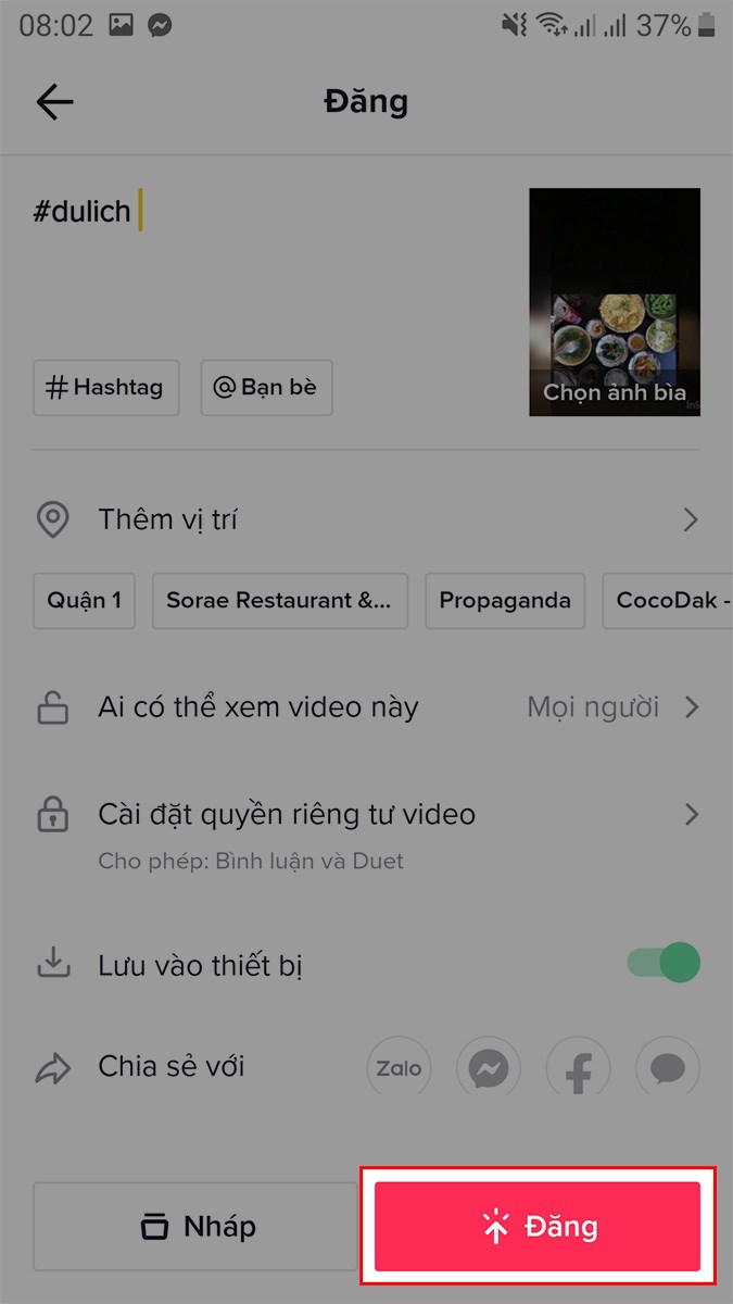 Chọn Đăng để tải video lên TikTok hoặc chia sẻ với bạn bè qua Facebook, Zalo,...