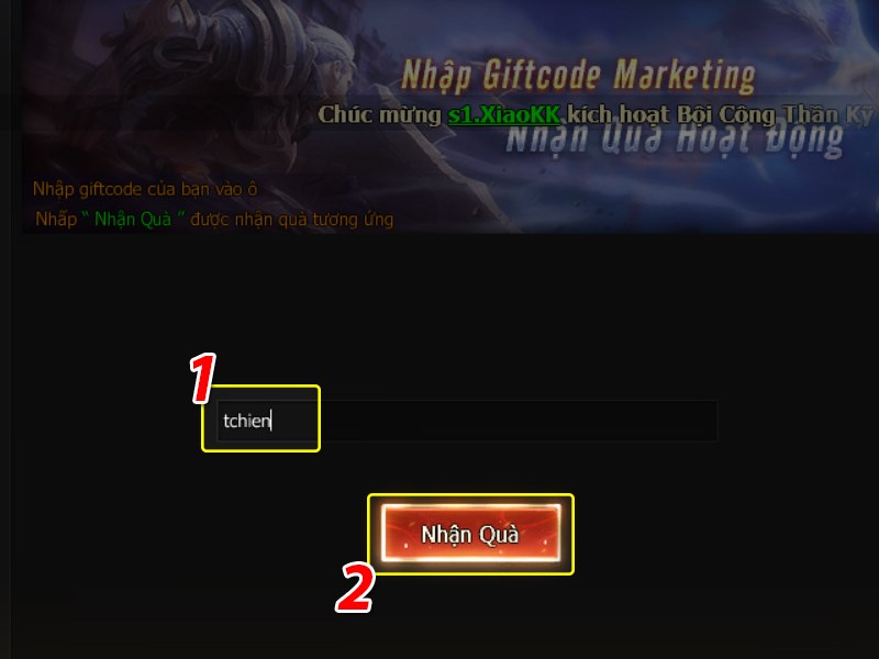 Điền m&atilde; code v&agrave; x&aacute;c nhận nhận qu&agrave;