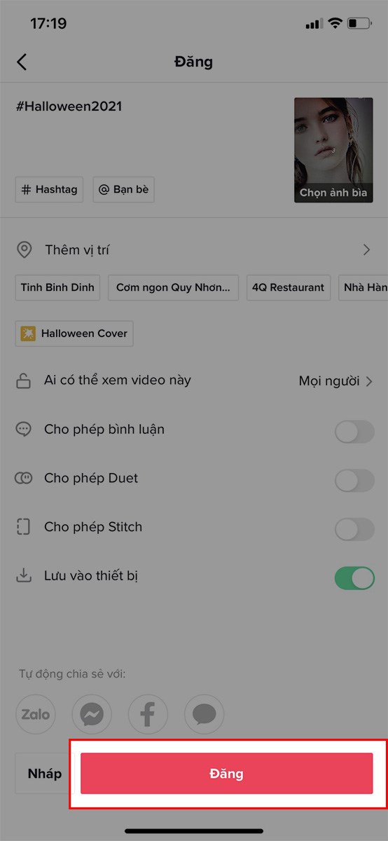 Chọn Đăng để tải video lên TikTok hoặc chia sẻ với bạn bè qua Facebook, Zalo,...
