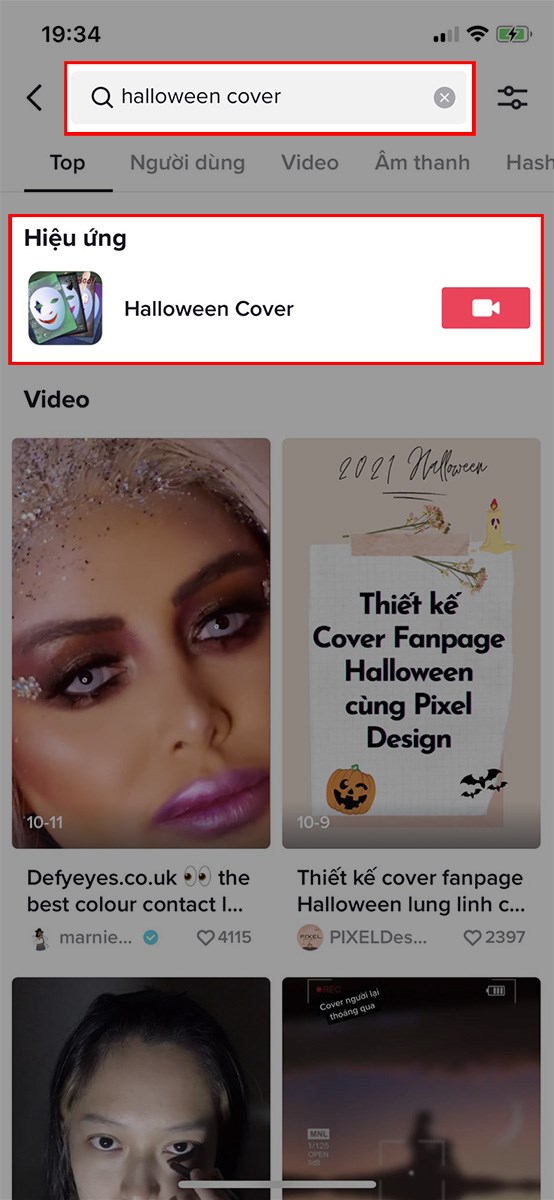 Nhập từ kh&oacute;a halloween cover > Chọn hiệu ứng Halloween Cover