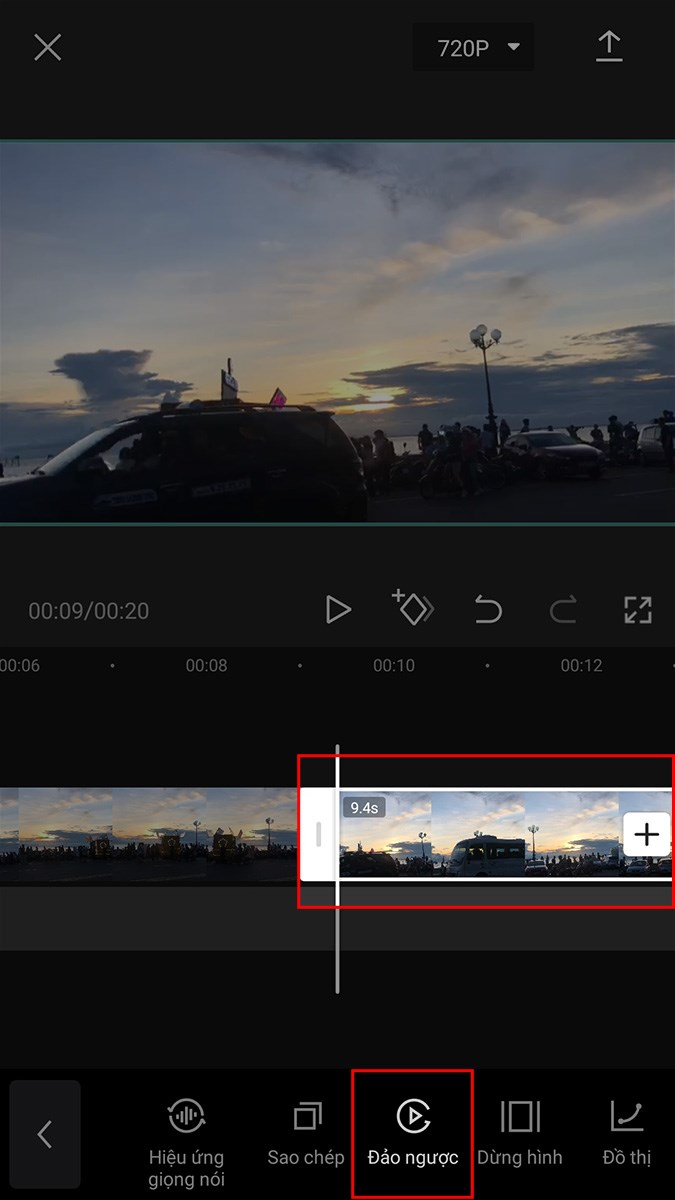 Nhấn chọn video vừa sao ch&eacute;p > Chọn Đảo ngược