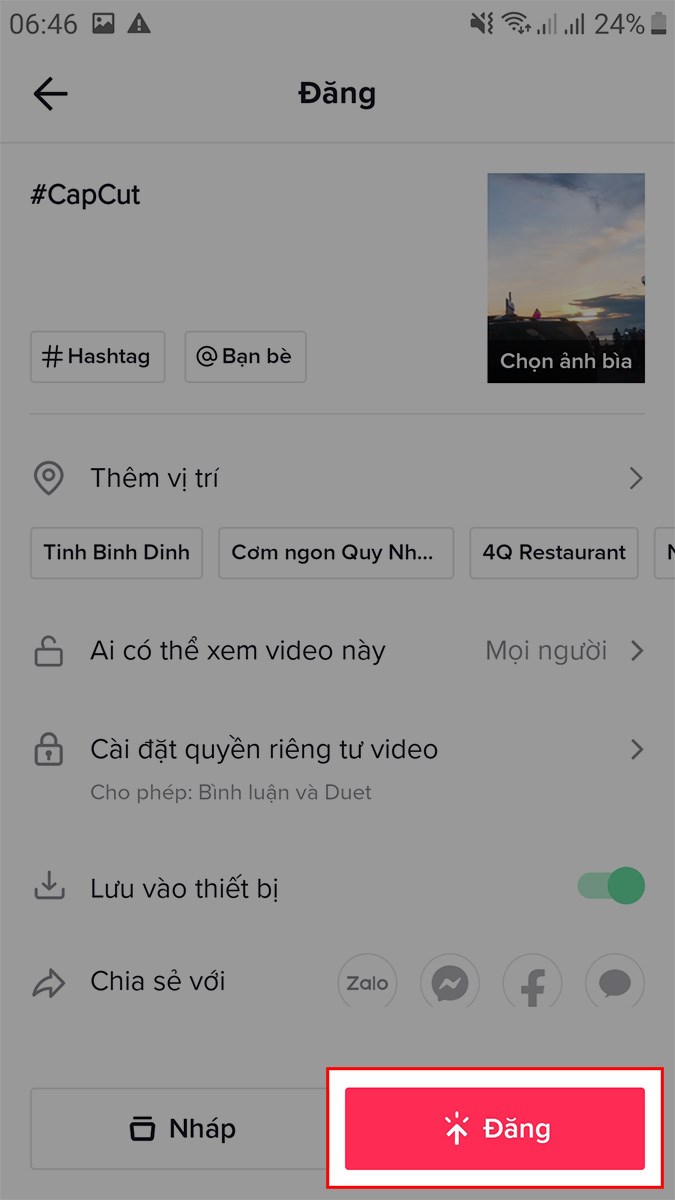 Chọn Đăng để tải video lên TikTok hoặc chia sẻ với bạn bè qua Facebook, Zalo,...