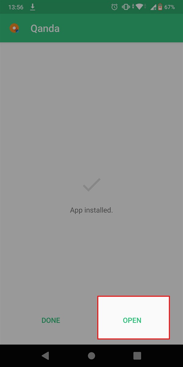 Sau khi c&agrave;i đặt xong > Nhấn Open để mở app QANDA cho điện thoại kh&ocirc;ng được hỗ trợ