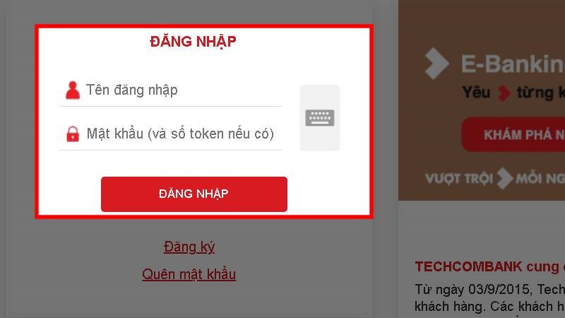 Đăng nhập tài khoản Internet Banking trên website Techcombank