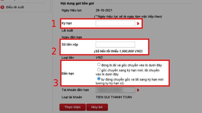 Nhập số tiền nộp, kỳ hạn và ngày đến hạn