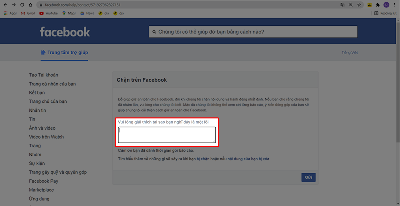 Nhập thông tin lỗi về việc chặn like, share, comment trên tài khoản Facebook của bạn