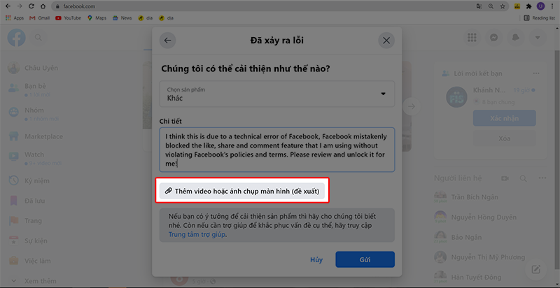 Thêm video hoặc hình ảnh về lỗi mà bạn đang gặp phải