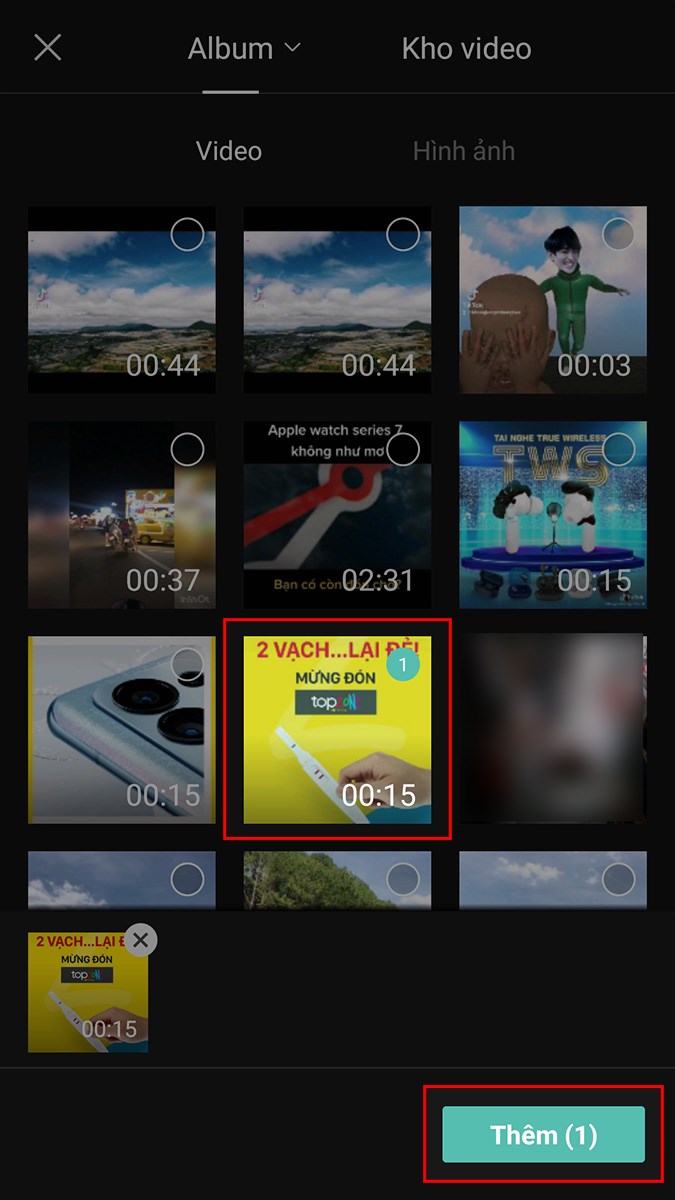 Chọn video mà bạn muốn ghép > Chọn Thêm