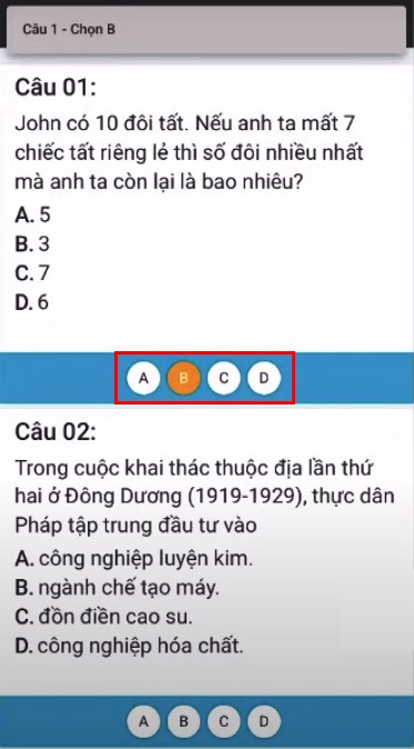 Tiến hành chọn đáp án cho bài thi trắc ngiệm bằng cách chọn các đáp án ở khung