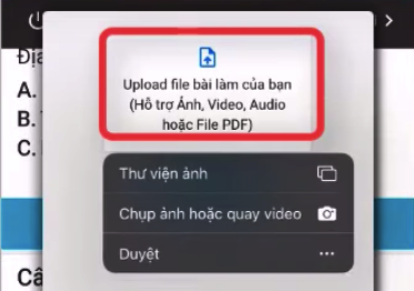 Chọn Upload file b&agrave;i l&agrave;m của bạn > Chọn Thư viện ảnh