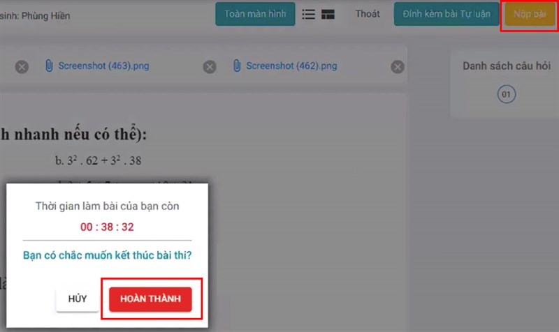 Chọn Nộp b&agrave;i > Chọn HO&Agrave;N TH&Agrave;NH để kết th&uacute;c b&agrave;i thi, b&agrave;i kiểm tra