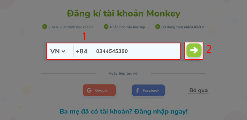 Nhập số điện thoại, click v&agrave;o dấu mũi t&ecirc;n