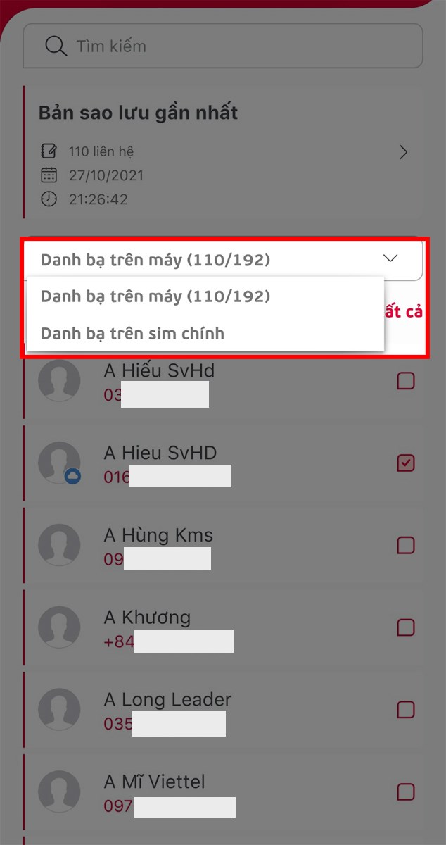 Lựa chọn danh bạ trên máy hay trên sim chính