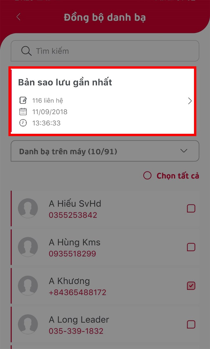 Chọn Bản sao lưu gần nhất