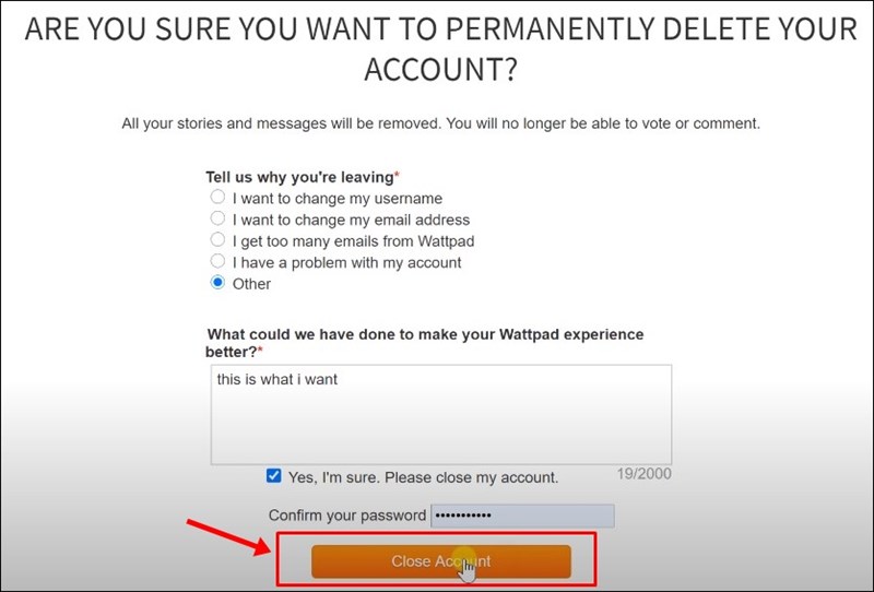 X&aacute;c nhận x&oacute;a t&agrave;i khoản Wattpad