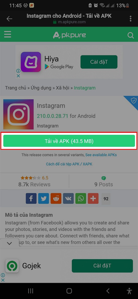 Truy cập link tải Instagram APK tại đây, chọn Tải về APK