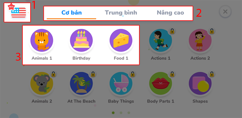 Chọn ngôn ngữ, cấp độ và bài học phù hợp