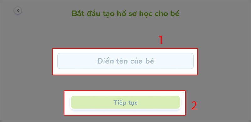 Điền tên của người học, nhấn tiếp tục