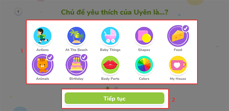 Chọn 3 chủ đề mà bé yêu thích, click vào tiếp tục