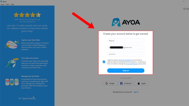 Nhập đầy đủ thông tin đăng ký > Tích vào Đồng ý với các điều khoản của Ayoa > Nhấn Sign Up