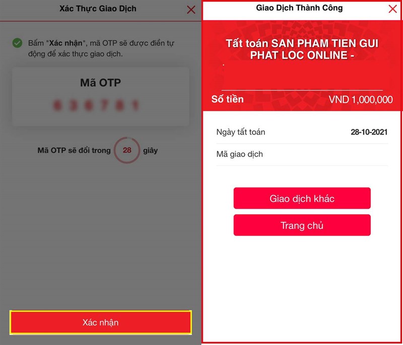 Nhấn Xác nhận để hoàn thành giao dịch