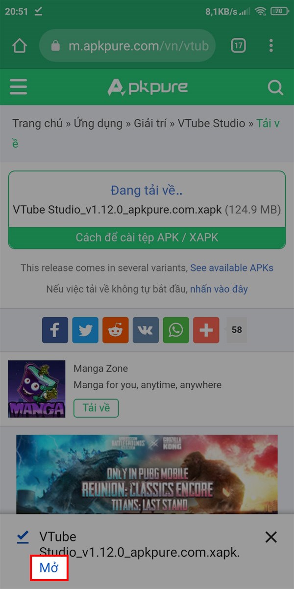 Sau khi tải xong nhấn Mở