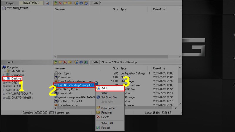 Mở phần mềm ISO > Chọn vị tr&iacute; c&oacute; file RAR cần chuyển sang ISO ở phần Local