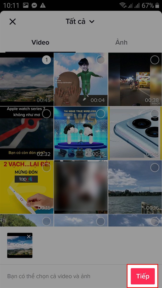 Chọn video đ&atilde; lưu trước đ&oacute; > Chọn Tiếp