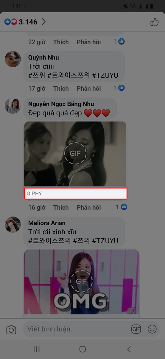 Chọn ảnh Gif, nhấn vào thanh Giphy bên dưới ảnh Gif