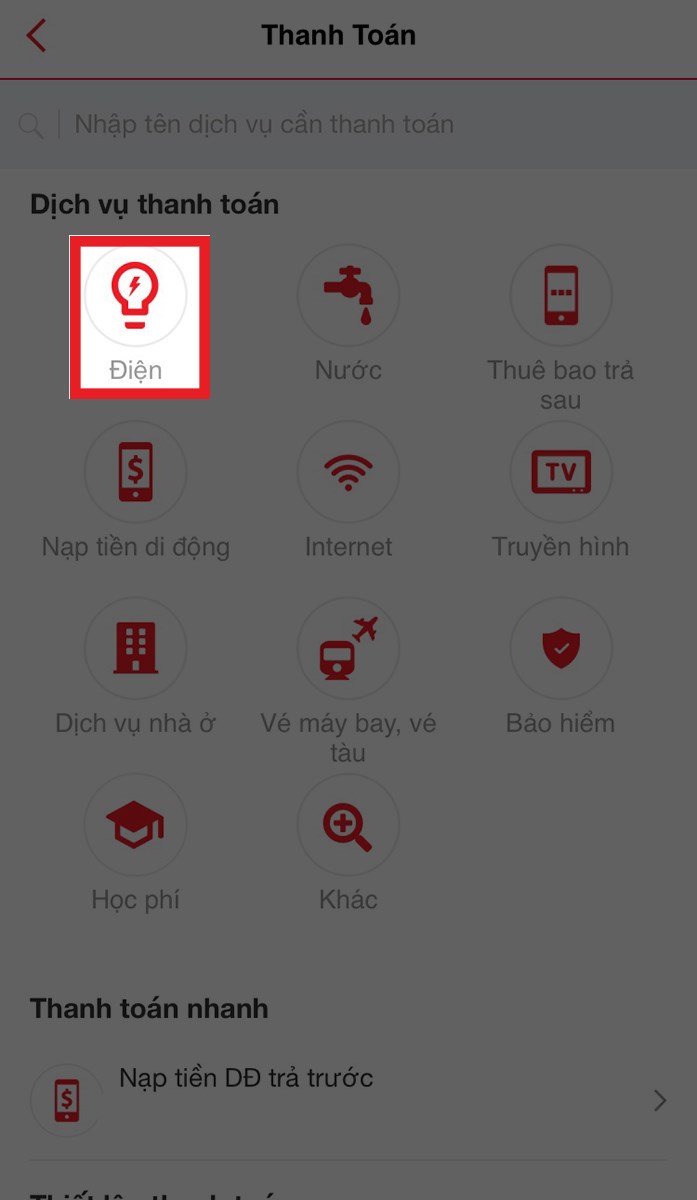 Chọn mục Điện Chọn mục Điện
