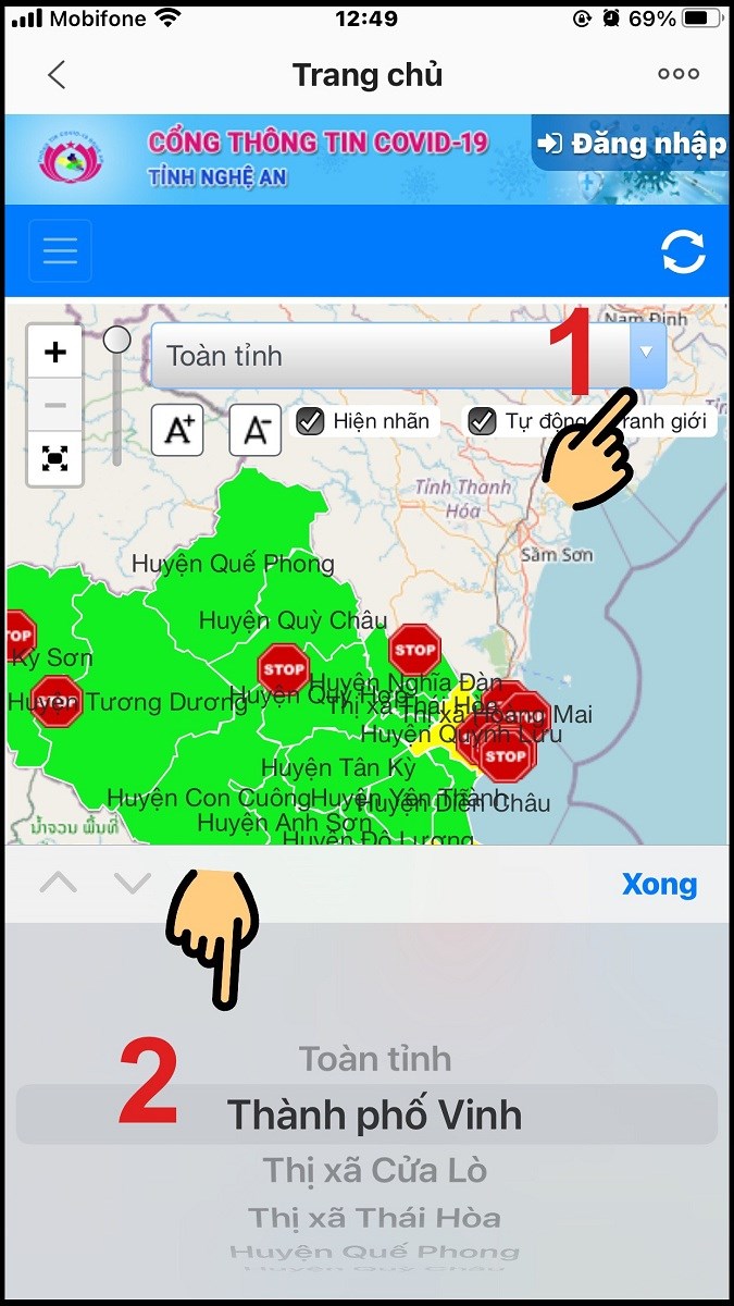 Nhấn v&agrave;o biểu tượng dấu tam gi&aacute;c ngược v&agrave; chọn khu vực xem bản đồ