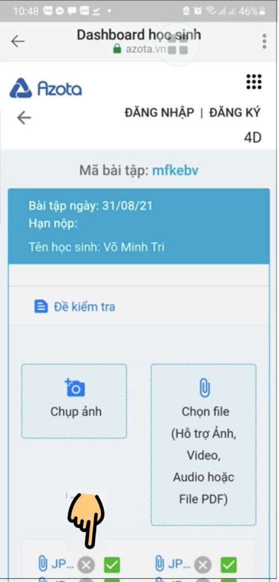 Nhấn vào biểu tượng dấu X để xóa bài tập đã nộp trên Azota